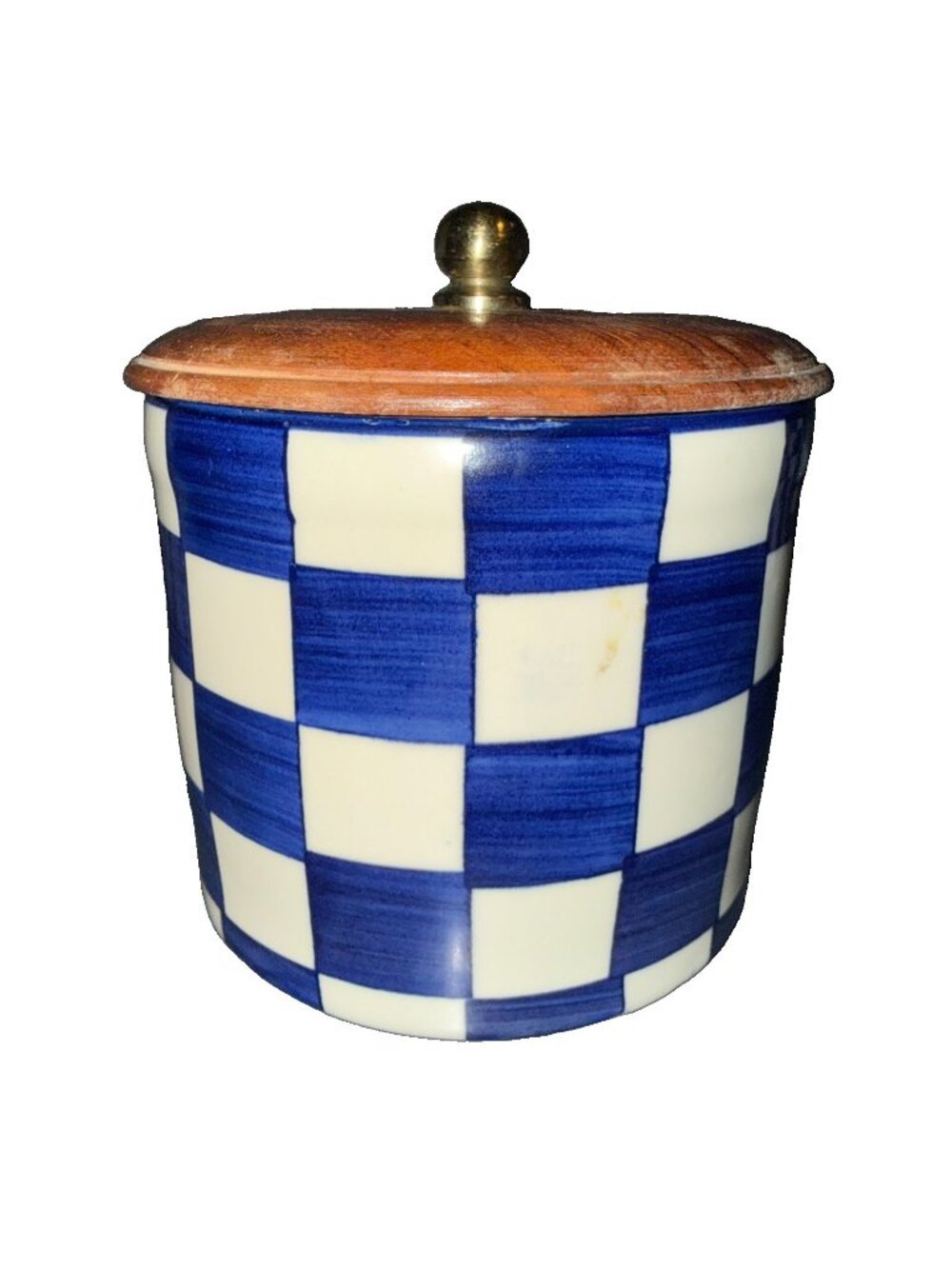 Blue & White Checked Round Ceramic  Canister w/ Acacia Wood Lid, 1 Qt